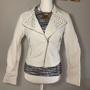 Studded white denim moto jacket